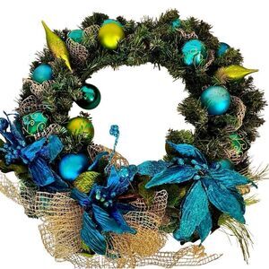 Teal, Lime, Green Bauble Wreath: Azure Poinsettias, Holiday Front Door Decor